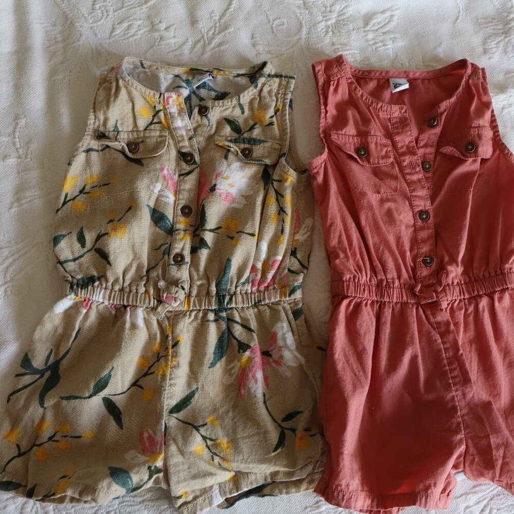Set of 2 Old Navy Romper Jumpers Tan floral & pink/coral Linen and cotton 18-24m